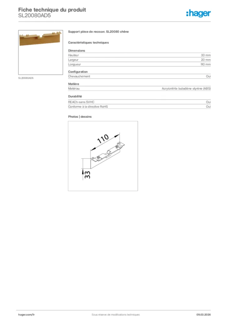 Image Hager Fiche technique du produit SL20080AD5 | Hager France