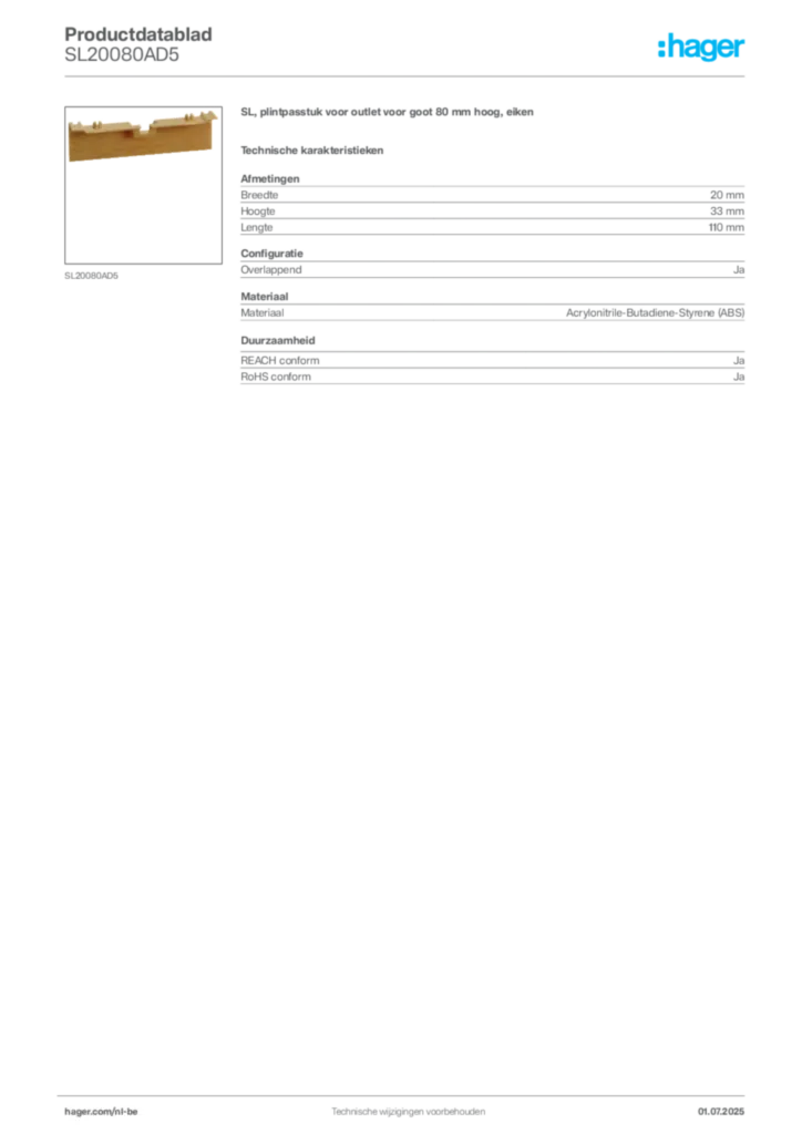 Afbeelding Hager Productdatablad SL20080AD5 | Hager Belgium