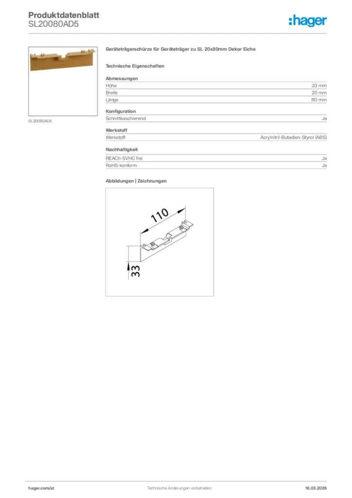 Bild Hager Produktdatenblatt SL20080AD5 | Hager Deutschland