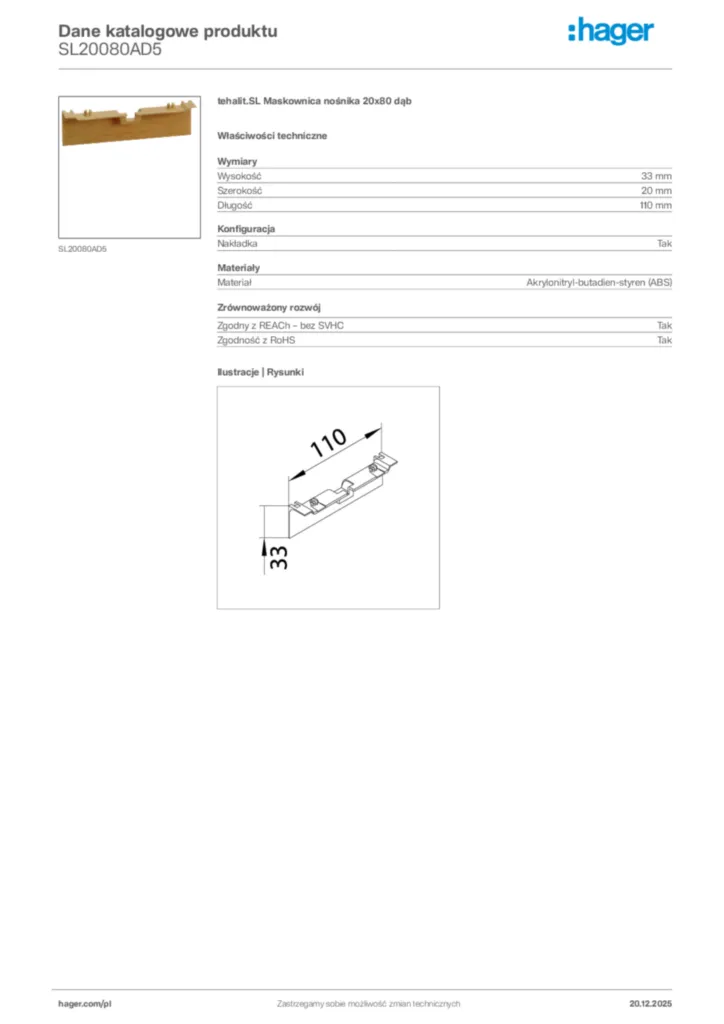 Zdjęcie Hager Karta katalogowa SL20080AD5 | Hager Polska