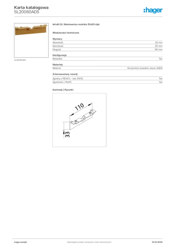 Zdjęcie Hager Karta katalogowa SL20080AD5 | Hager Polska