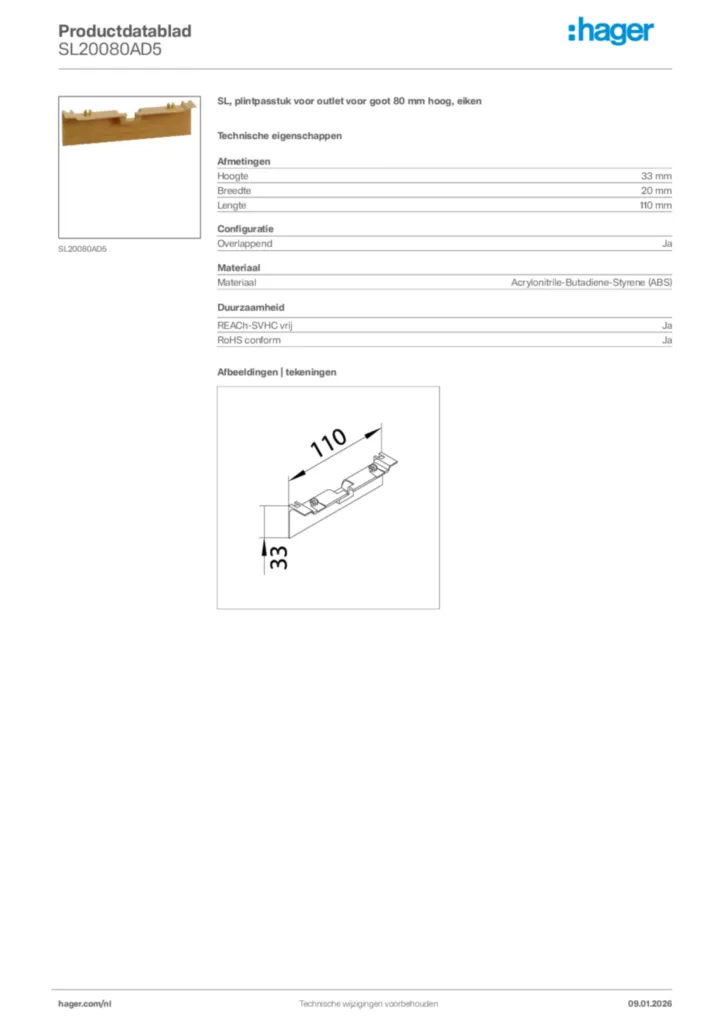 Afbeelding Hager Productdatablad SL20080AD5 | Hager Nederland