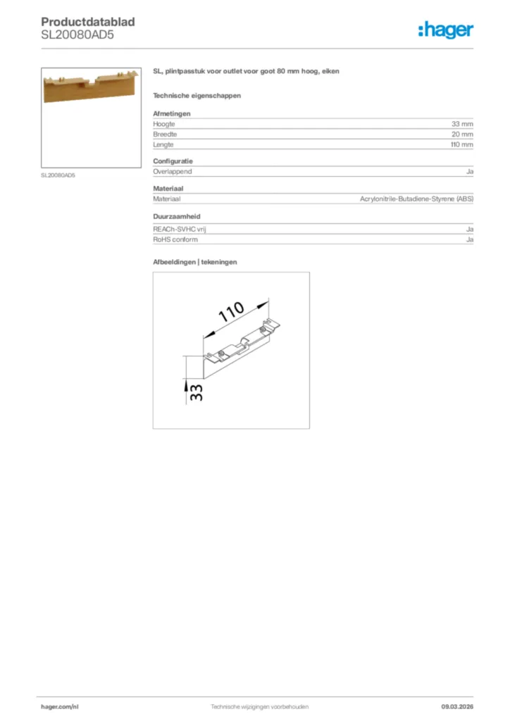 Afbeelding Hager Productdatablad SL20080AD5 | Hager Nederland