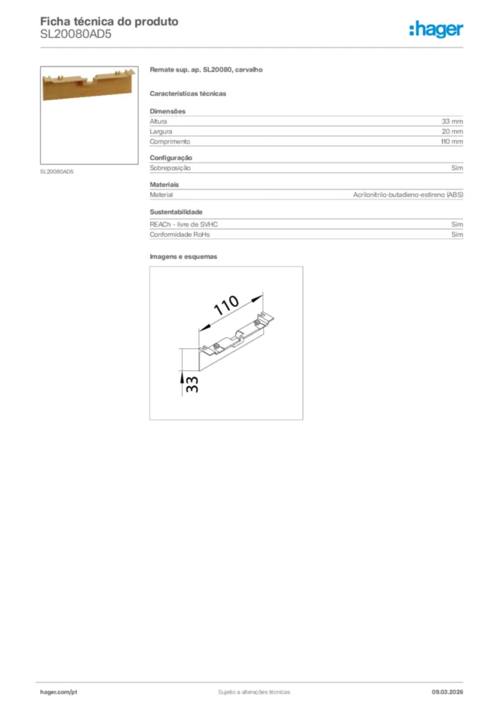 Imagem Hager Ficha técnica do produto SL20080AD5 | Hager Portugal