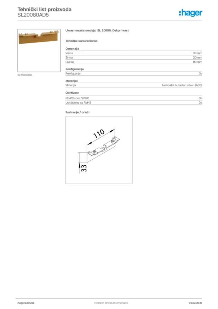 Slika Hager Tehnički list proizvoda SL20080AD5  | Hager