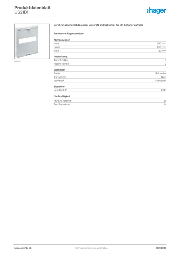 Bild Hager Produktdatenblatt US21B1 | Hager Schweiz
