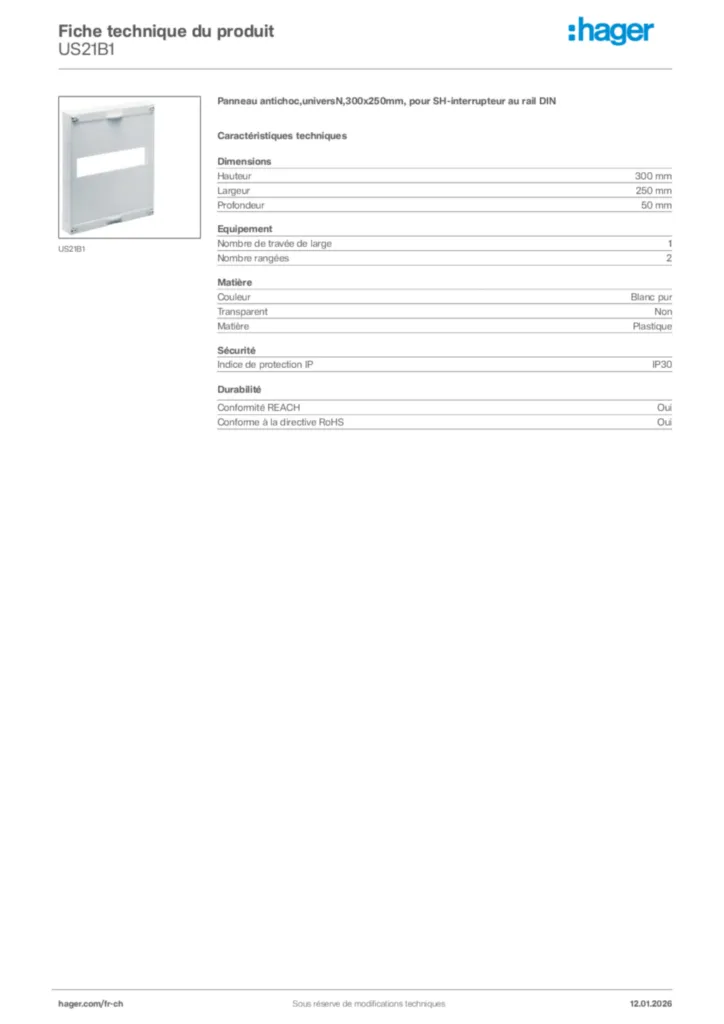 Image Hager Fiche technique du produit US21B1 | Hager Suisse