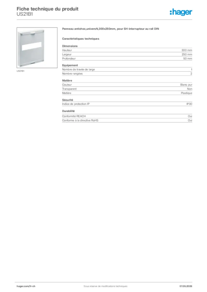 Image Hager Fiche technique du produit US21B1 | Hager Suisse