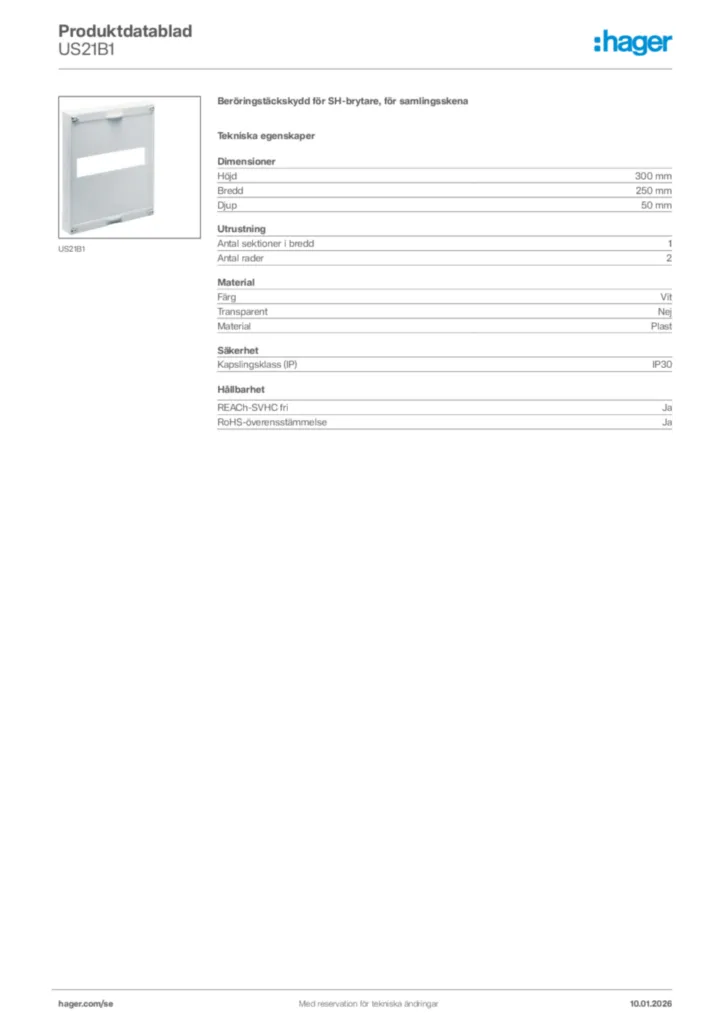 Bild Hager Produktdatablad US21B1 | Hager Sverige