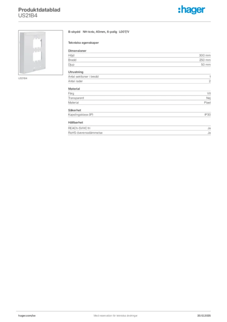 Bild Hager Produktdatablad US21B4 | Hager Sverige