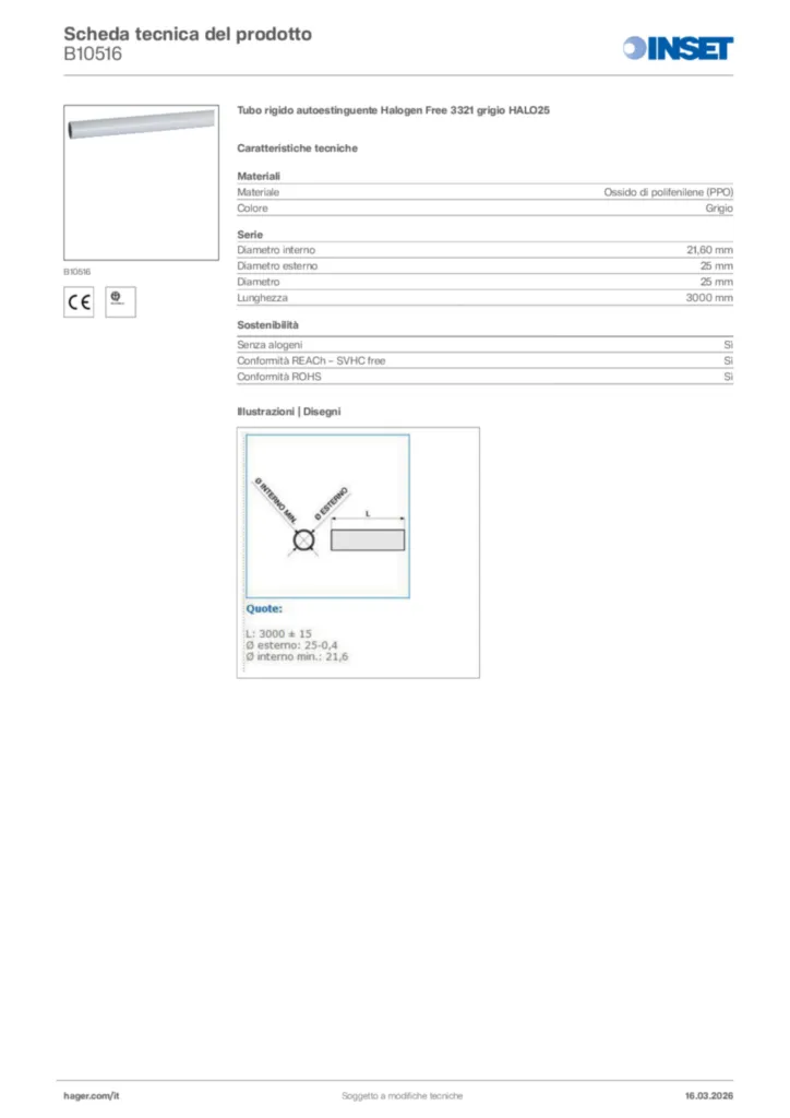 Immagine Inset Scheda tecnica del prodotto B10516 | Hager Italia