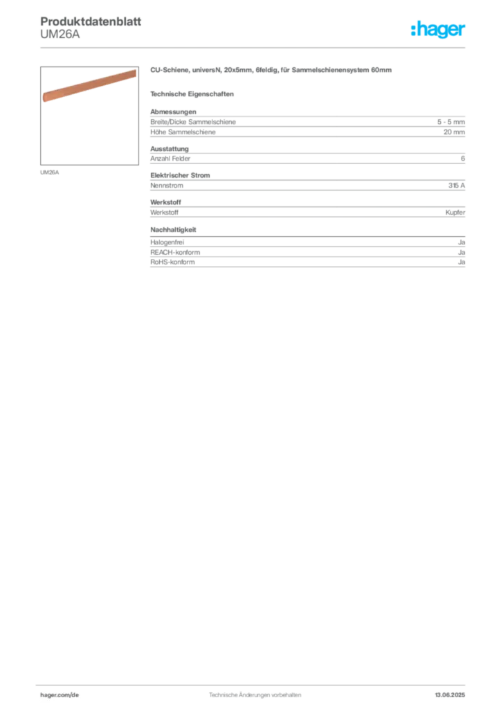 Hager Produktdatenblatt UM26A