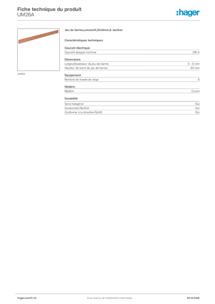 Image Hager Fiche technique du produit UM26A | Hager Suisse
