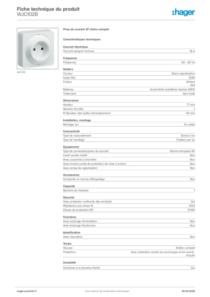 Image Hager Fiche technique du produit WJC102B | Hager Afrique
