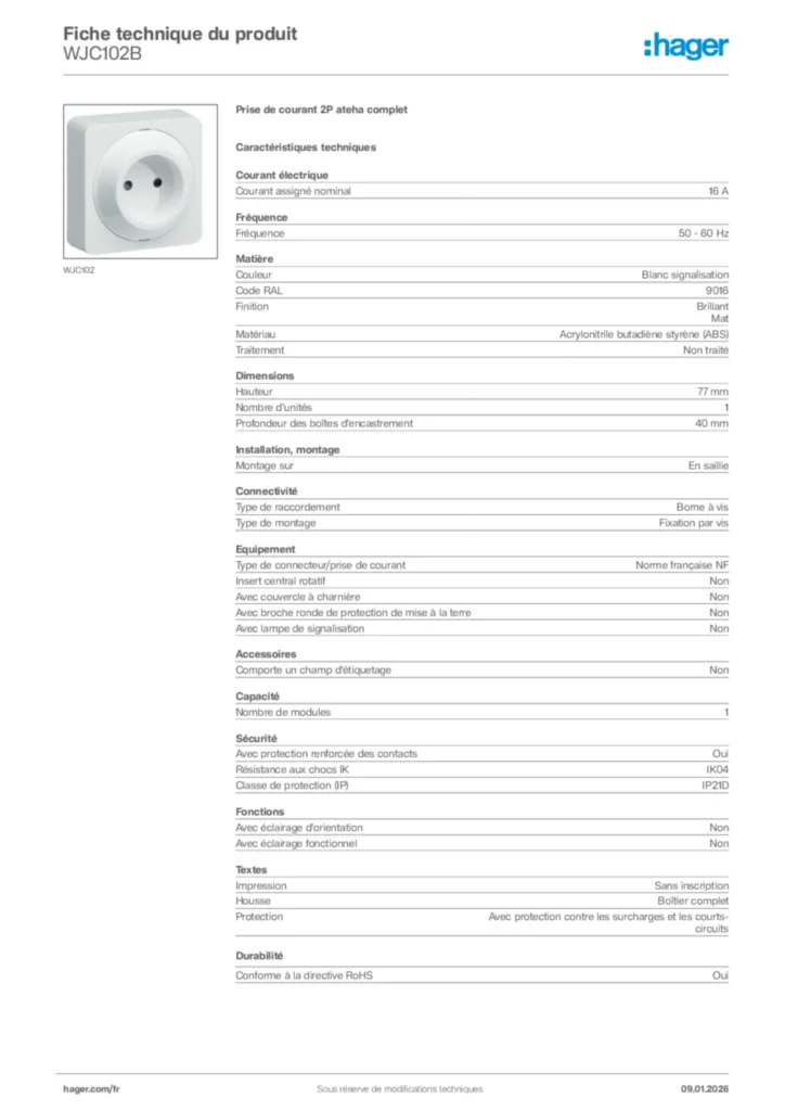 Image Hager Fiche technique du produit WJC102B | Hager France
