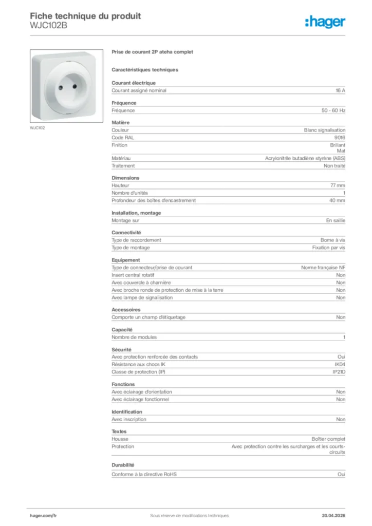 Image Hager Fiche technique du produit WJC102B | Hager France
