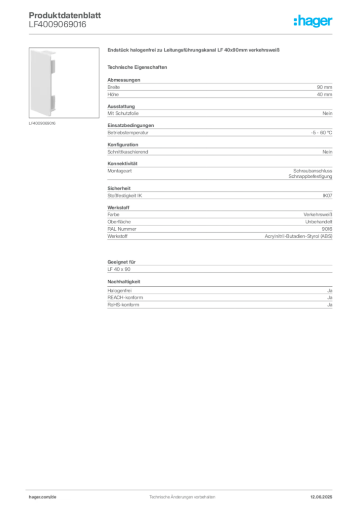 Bild Hager Produktdatenblatt LF4009069016 | Hager Deutschland