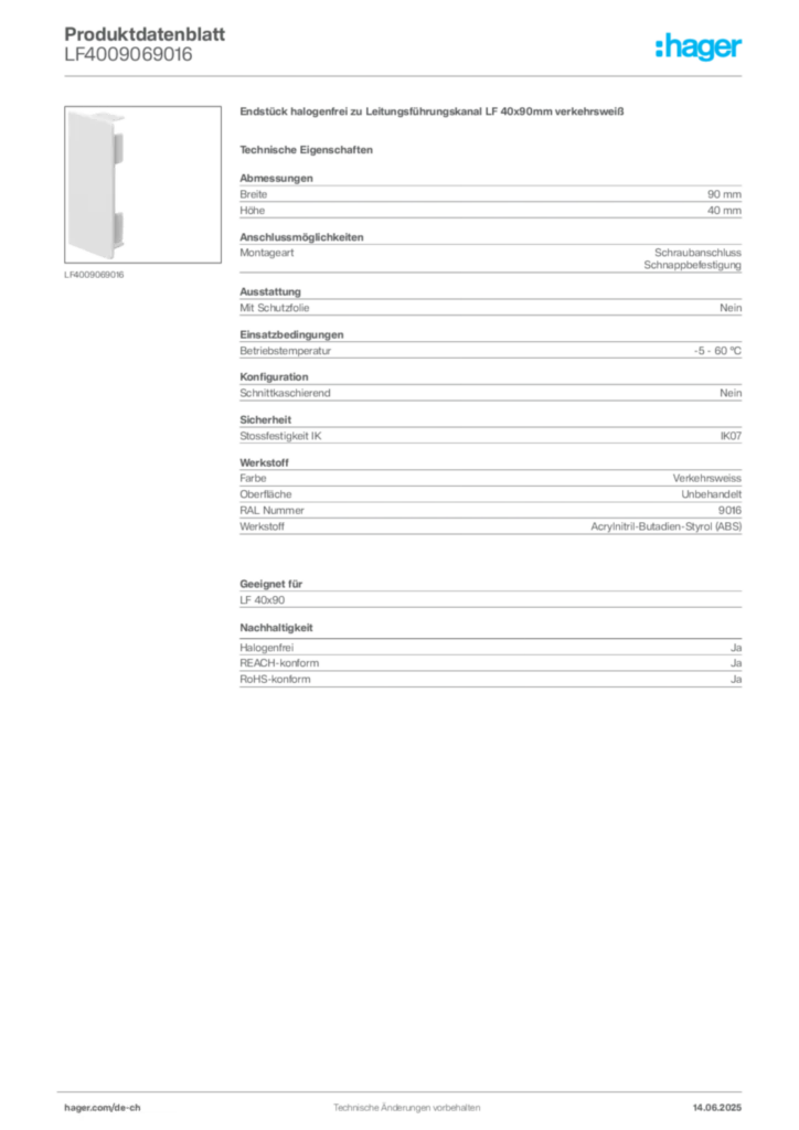 Bild Hager Produktdatenblatt LF4009069016 | Hager Schweiz