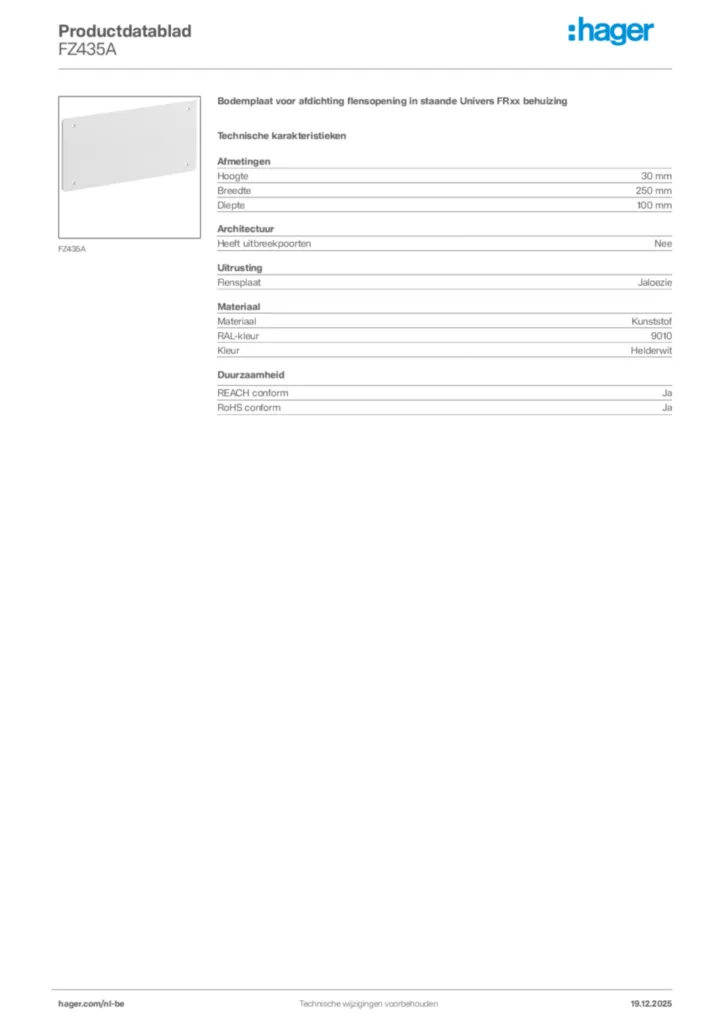 Afbeelding Hager Productdatablad FZ435A | Hager Belgium
