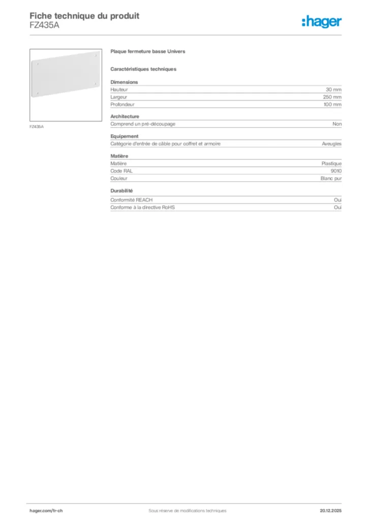 Image Hager Fiche technique du produit FZ435A | Hager Suisse