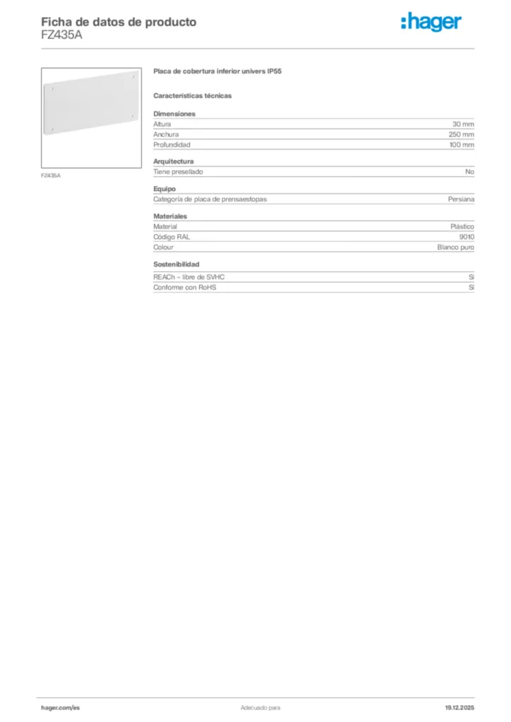 Imagen Hager Ficha de datos de producto FZ435A | Hager España
