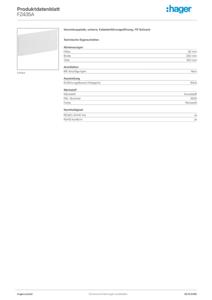 Bild Hager Produktdatenblatt FZ435A | Hager Deutschland