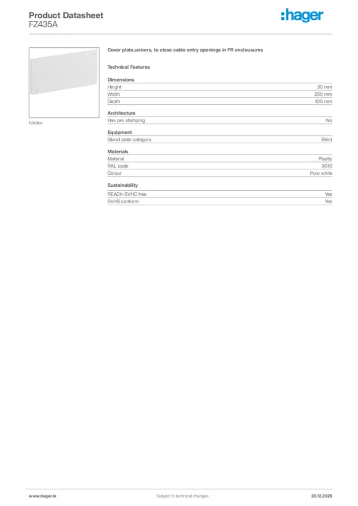 Image Hager Product data sheet FZ435A  | Hager