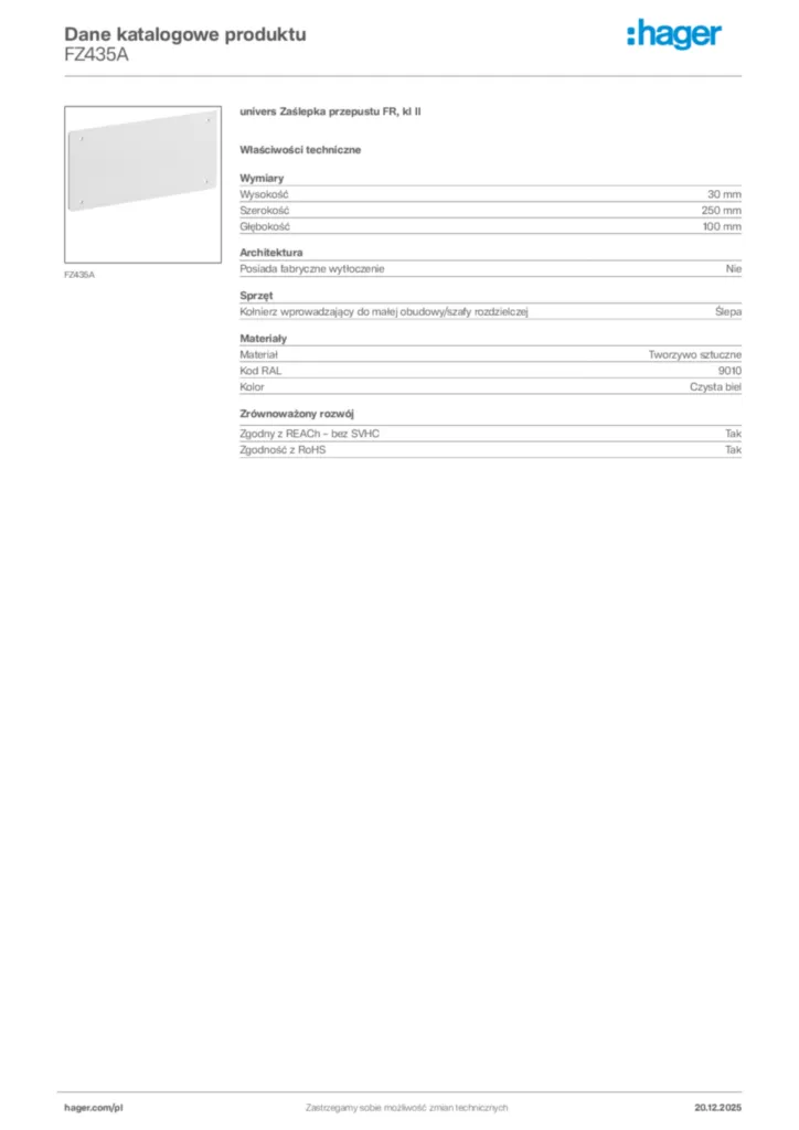 Zdjęcie Hager Karta katalogowa FZ435A | Hager Polska