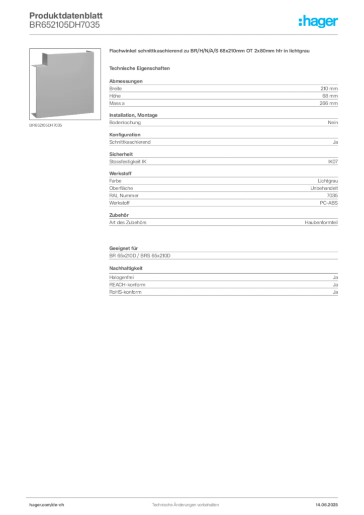 Bild Hager Produktdatenblatt BR652105DH7035 | Hager Schweiz