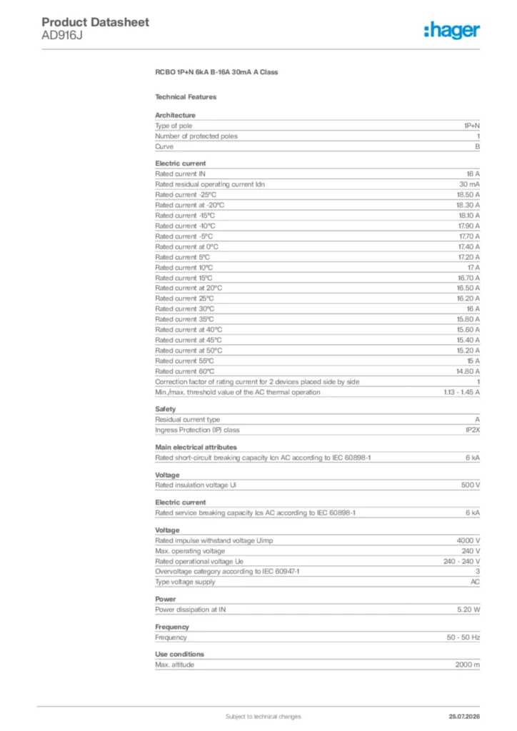 Image Hager Product data sheet AD916J  | Hager Africa