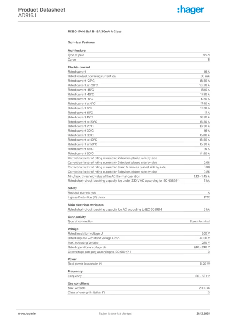 Image Hager Product data sheet AD916J  | Hager