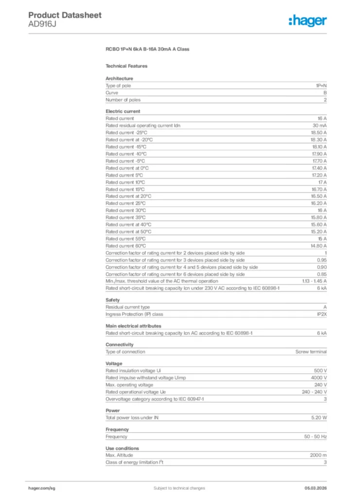 Image Hager Product data sheet AD916J  | Hager