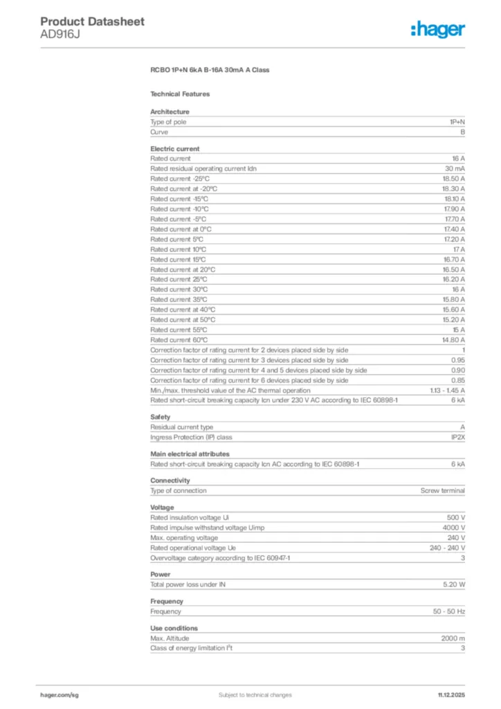 Image Hager Product data sheet AD916J  | Hager
