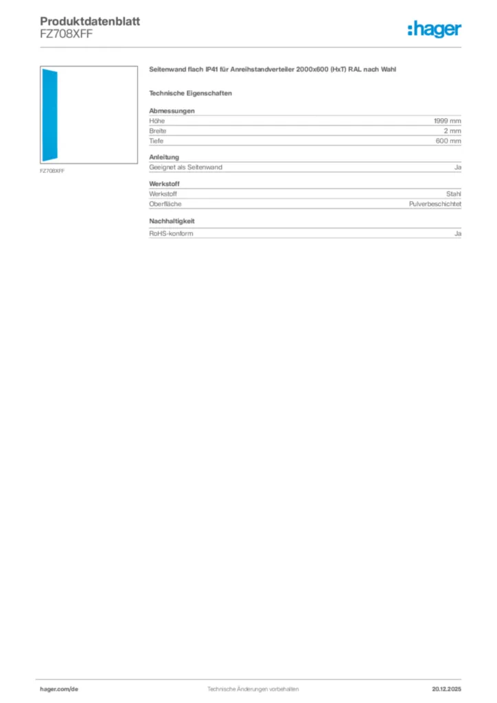 Bild Hager Produktdatenblatt FZ708XFF | Hager Deutschland