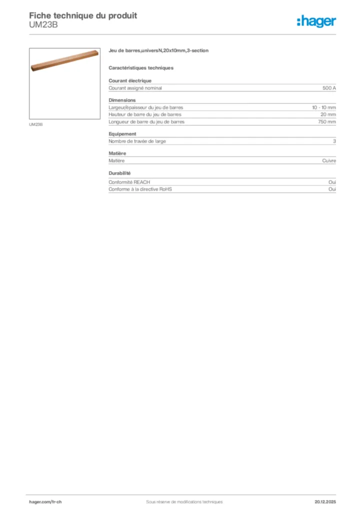 Image Hager Fiche technique du produit UM23B | Hager Suisse