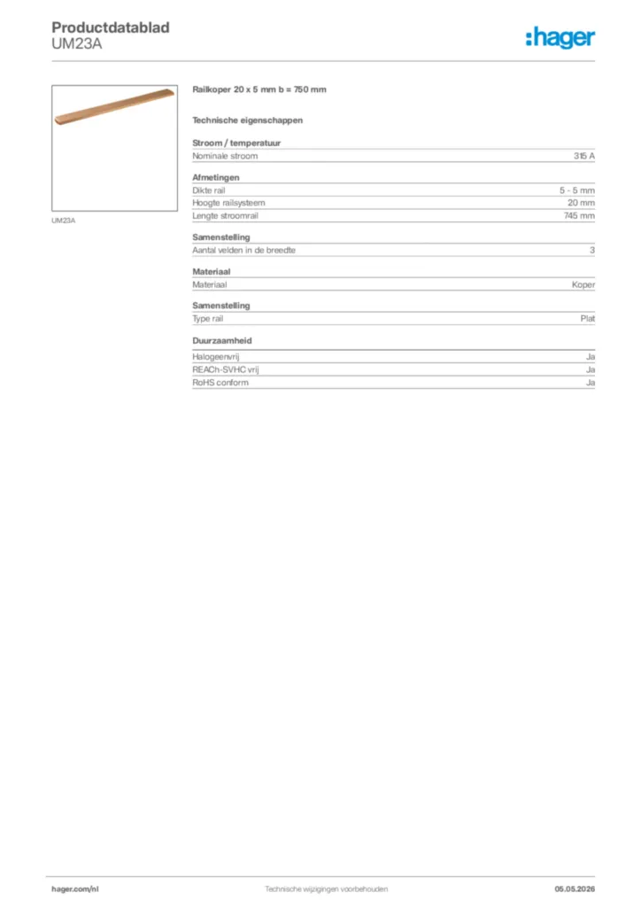 Afbeelding Hager Productdatablad UM23A | Hager Nederland