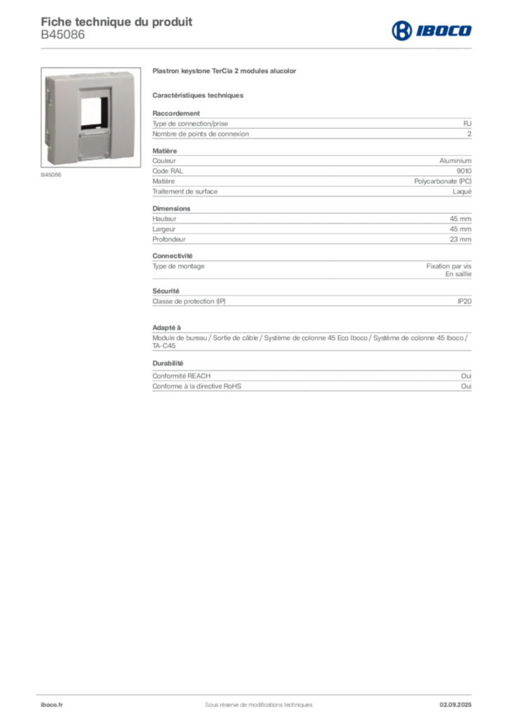 Image Iboco Fiche technique du produit B45086 | Hager France