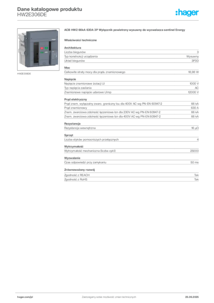Zdjęcie Hager Karta katalogowa HW2E306DE | Hager Polska