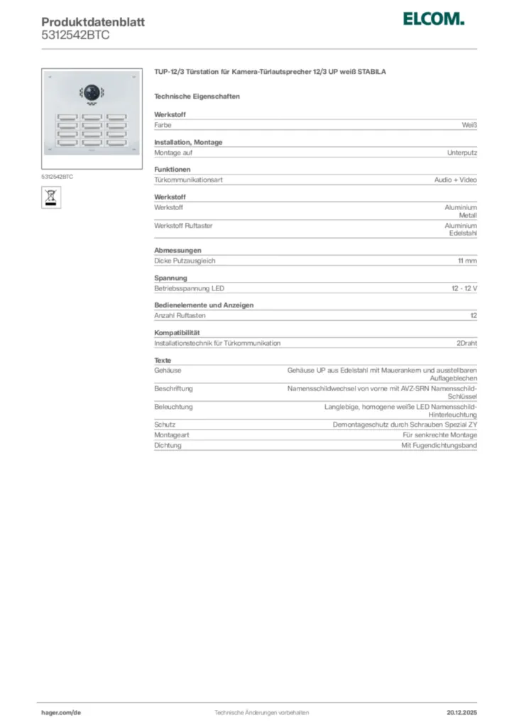 Bild Elcom Produktdatenblatt 5312542BTC | Hager Deutschland