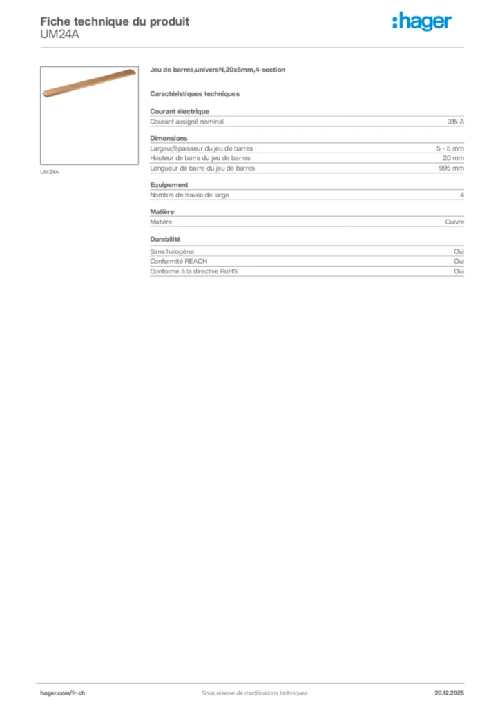 Image Hager Fiche technique du produit UM24A | Hager Suisse