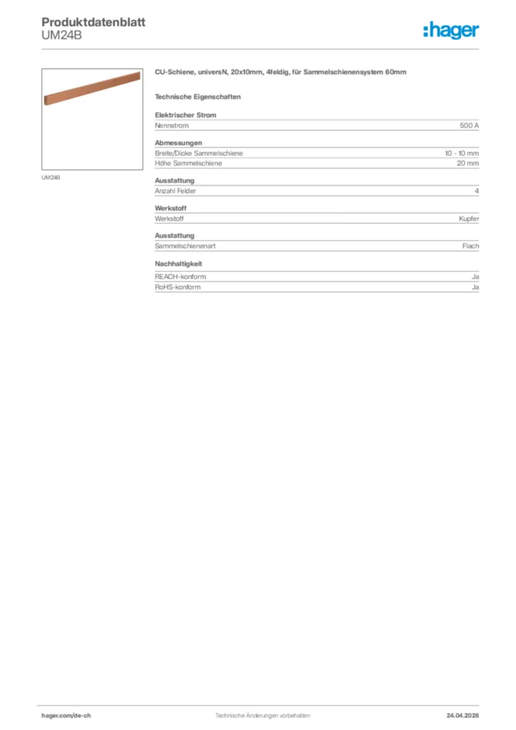 Bild Hager Produktdatenblatt UM24B | Hager Schweiz