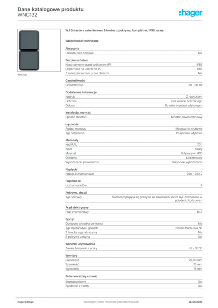 Zdjęcie Hager Karta katalogowa WNC132 | Hager Polska
