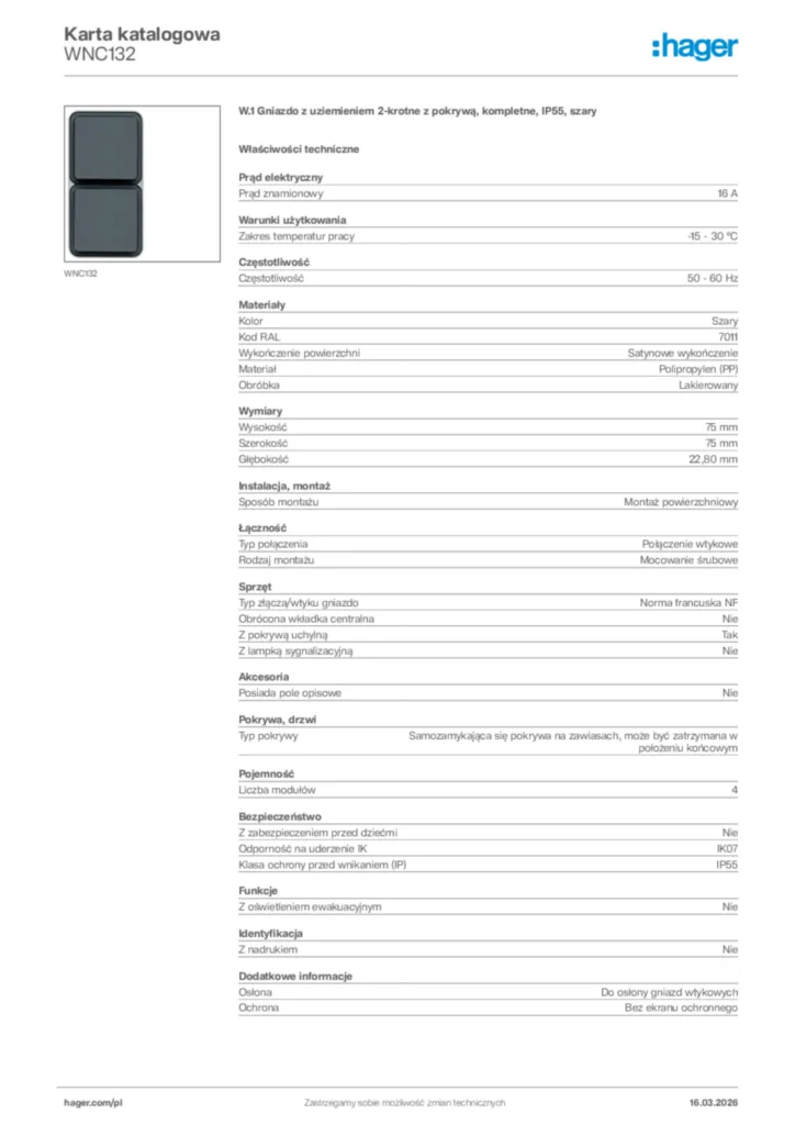 Zdjęcie Hager Karta katalogowa WNC132 | Hager Polska