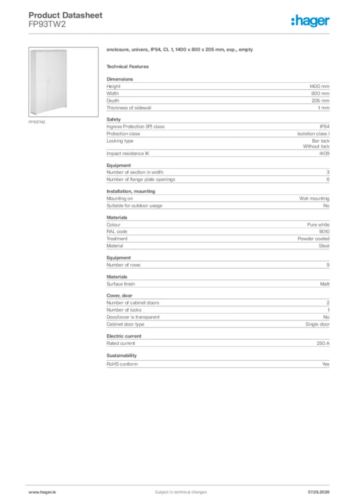 Image Hager Product data sheet FP93TW2  | Hager