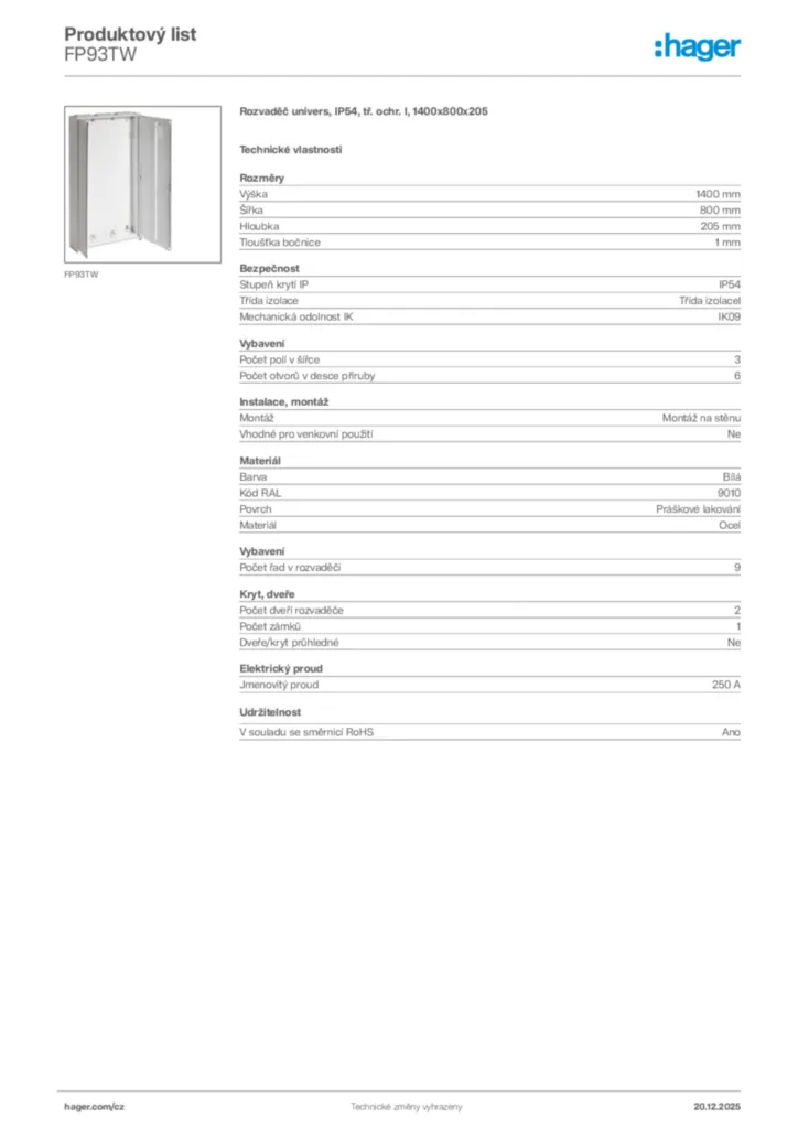 Obrázek Hager Produktový list FP93TW | Hager