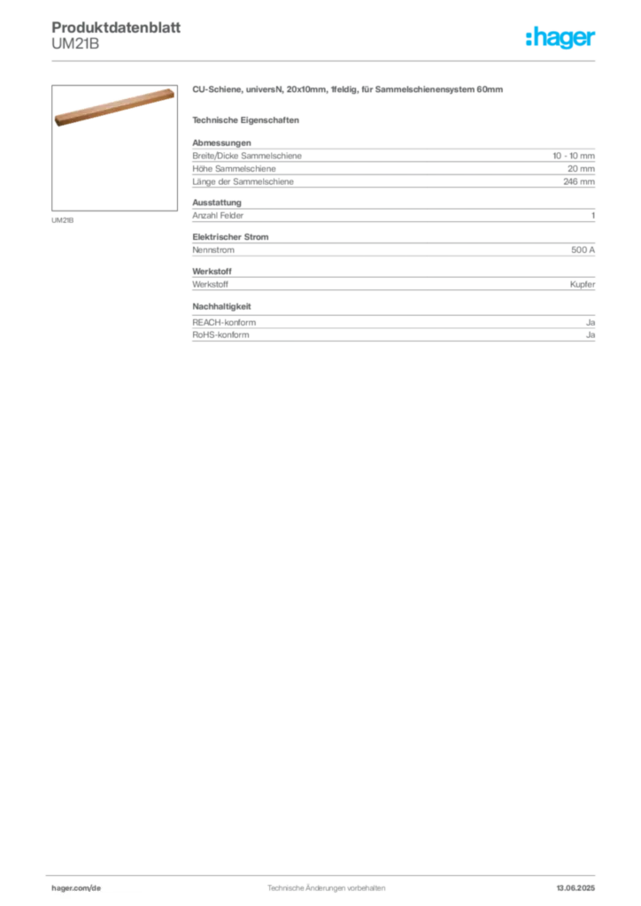 Hager Produktdatenblatt UM21B
