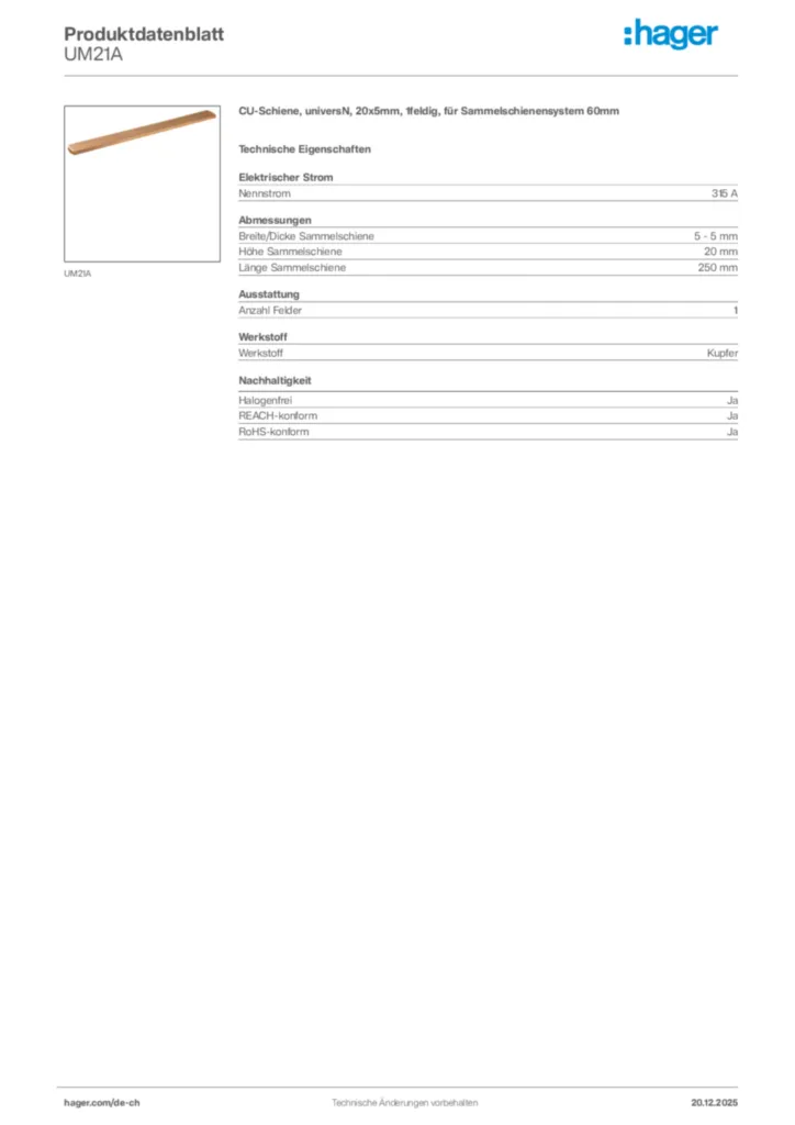 Bild Hager Produktdatenblatt UM21A | Hager Schweiz