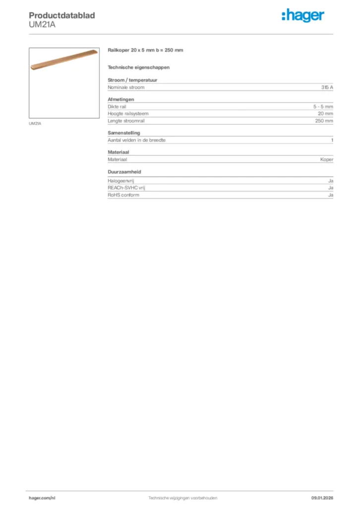 Afbeelding Hager Productdatablad UM21A | Hager Nederland