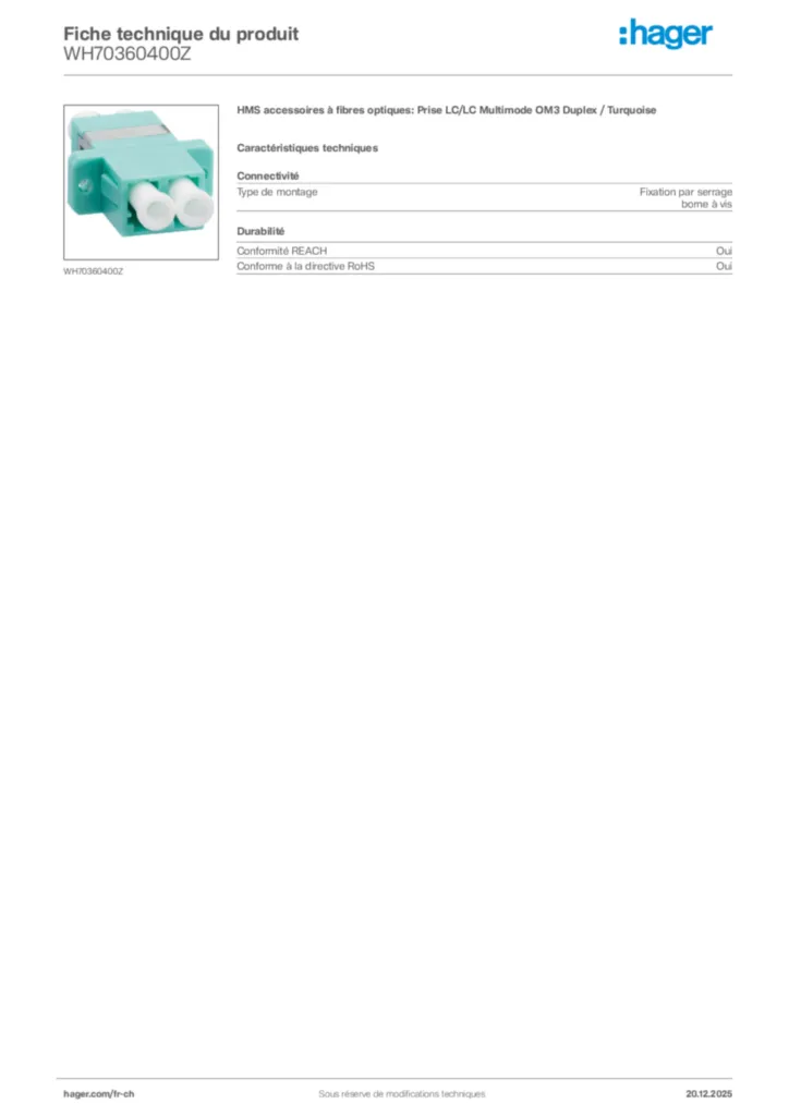 Image Hager Fiche technique du produit WH70360400Z | Hager Suisse