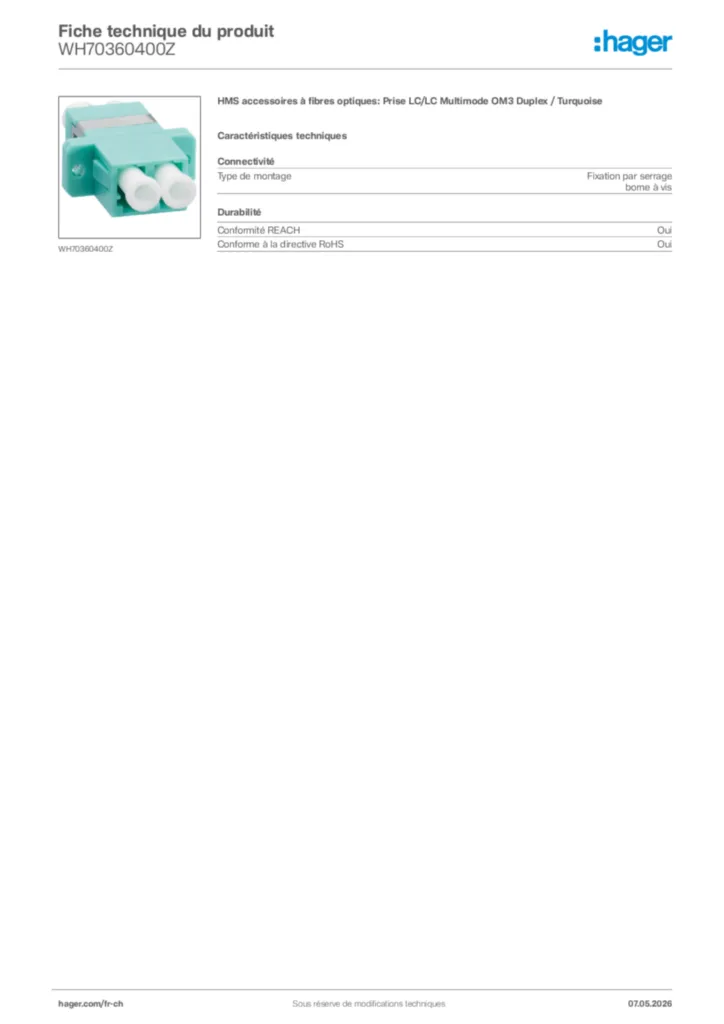 Image Hager Fiche technique du produit WH70360400Z | Hager Suisse